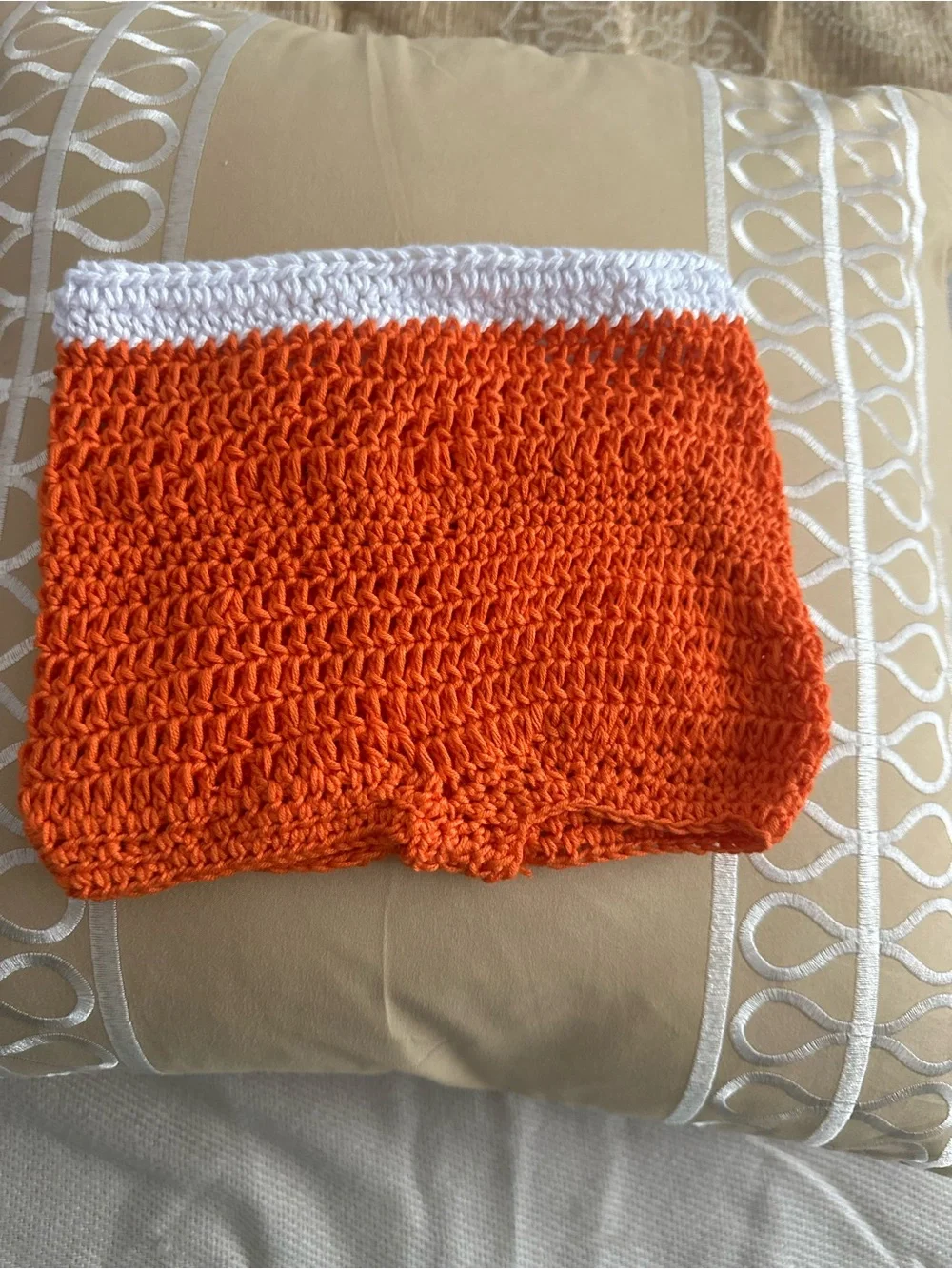 Handmade Orange Crochet Kids Matching Hat & Diaper Cover Set with White Trim
